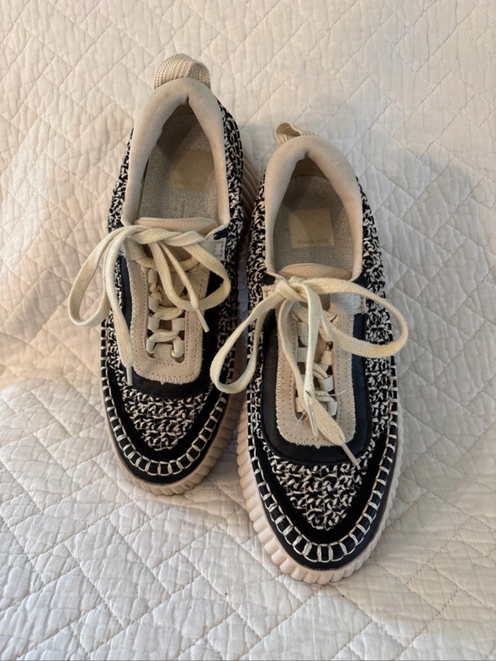 Dolce Vita Dolen Chunky Platform Sneaker Women's Size 7.5 Black Cream Woven